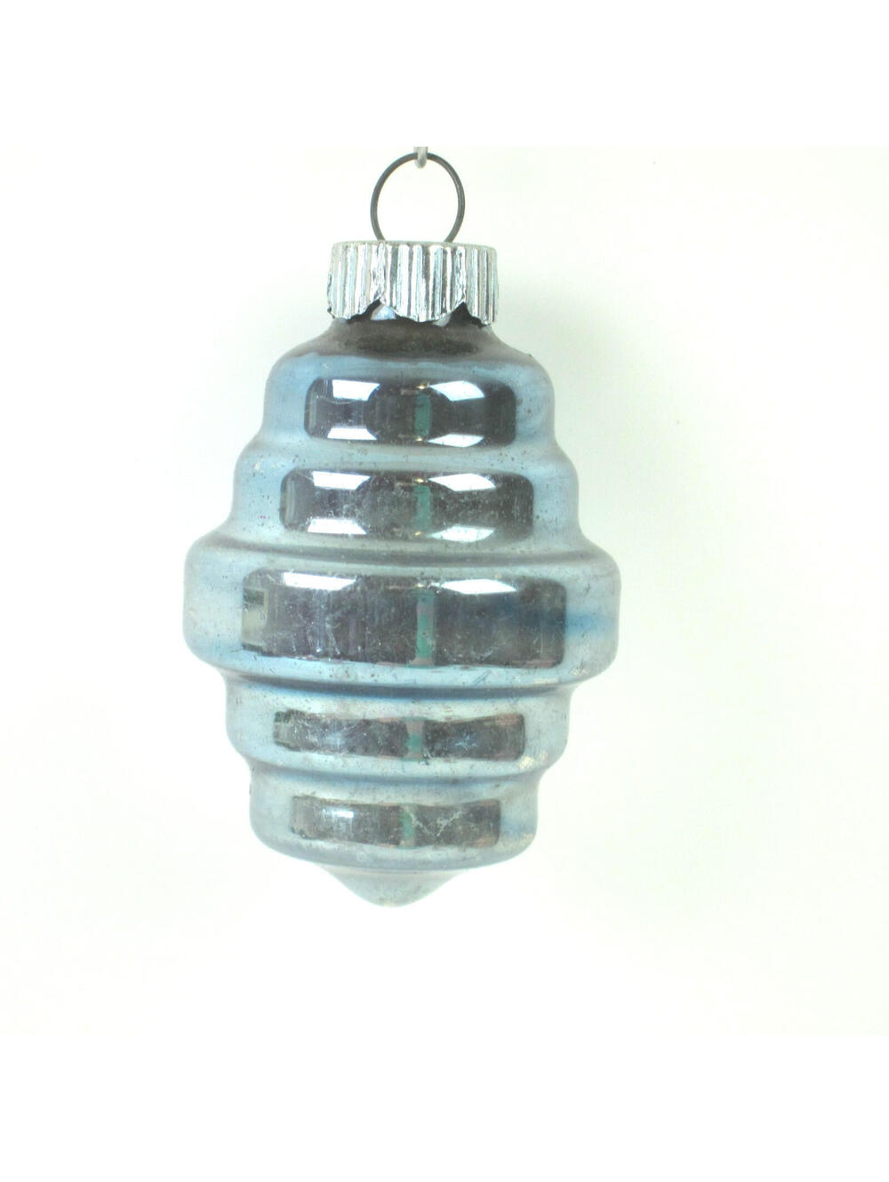 Vintage Shiny Brite Glass Christmas Ornament Blue Tornado Lantern Mid-Century 2"